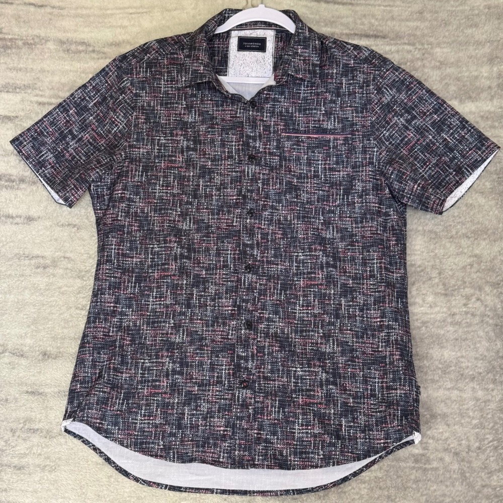 7Diamonds Gridlock Navy Red Abstract Grid 4-Way Stretch Short Sleeve SMK-7319